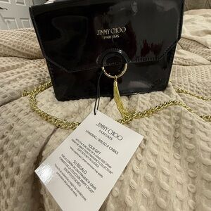 Jimmy Choo Black Patent Clutch with Gold Chain